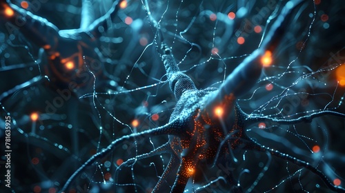 Close up active nerve cells. Human brain stimulation or activity with neurons, level of mind, intellectual achievements, possibility of people's intelligence, development of mental abilities concept photo