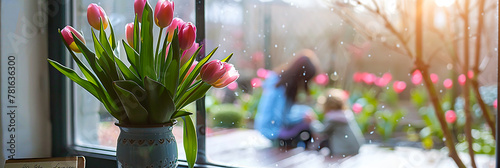 Image of a mother and child playing in the garden with pink tulips blooming in the window. photo