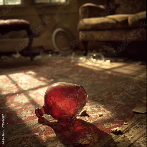 an old red vaze broken on the floor of a living room with shades of brown, golden and yellow , diffraction gradation photo