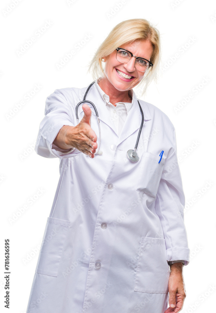 Middle age blonde doctor woman over isolated background smiling friendly offering handshake as greeting and welcoming. Successful business. Middle age blonde doctor woman over isolated background smiling friendly offering handshake as greeting and welcoming. Successful business.