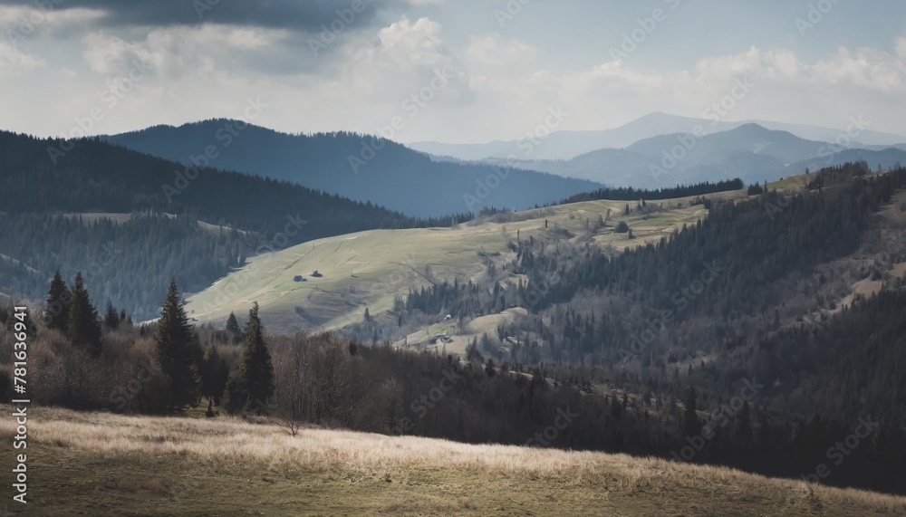 panoramic view of carpathian countryside in spring mountainous rural landscape of ukraine with forested rolling hills and grassy meadows on a sunny day