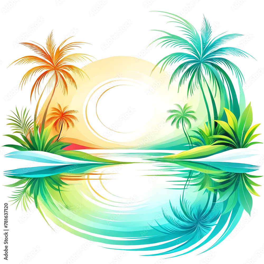 A beautiful tropical scene with a body of water, such as a lake or a sea, surrounded by lush green palm trees.