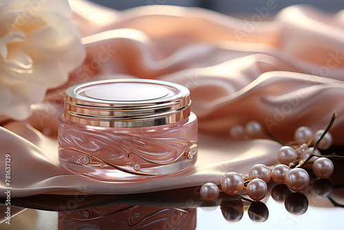 glass jar of cream with pearls on pastel pink satin cloth with a blurred background, product design, beauty, necklace, side view