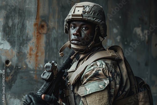 african american man, special forces soldier, armed man in black gear holding an assault rifle