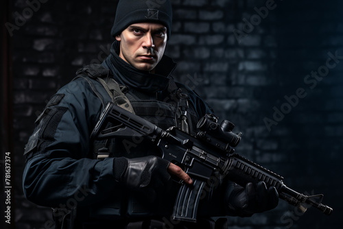 caucasian man, special forces soldier, armed man in black gear holding an assault rifle