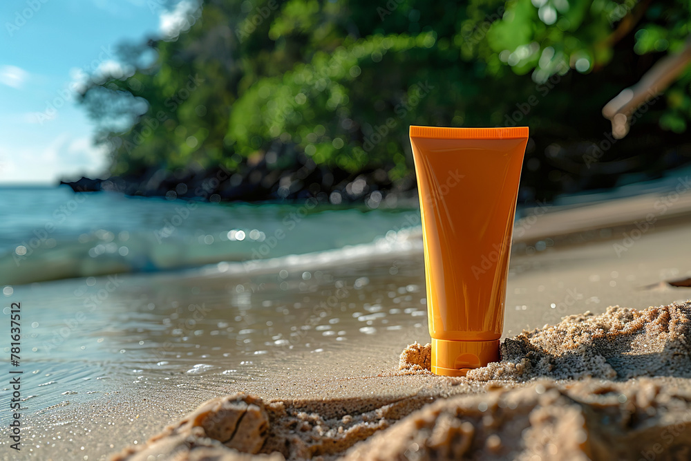 sun protective cosmetic, cream tub, on blue sea and sand background, product design, beauty, side view, mockup sun protective cosmetic, cream tub, on blue sea and sand background, product design, beauty, side view, mockup