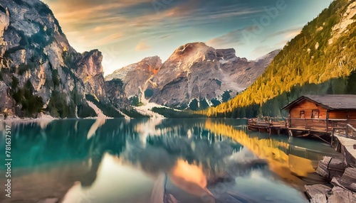 view of lake braies with mountains during sunrise
