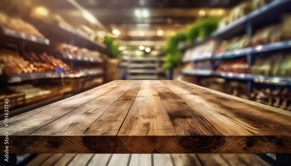 empty wood table top on shelf in supermarket blurred background