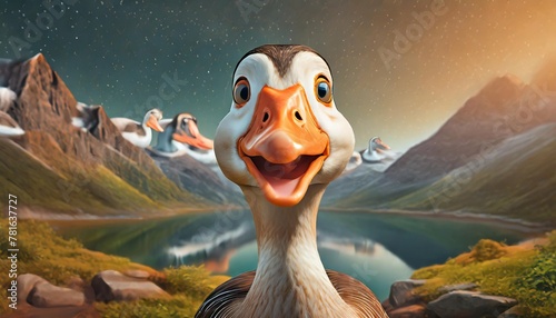 set of cartoon goose vector drawings funny character with happy sad angry faces photo