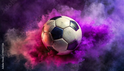 football with colorful smoke isolated on clean purple dark background space for text world championship generative ai