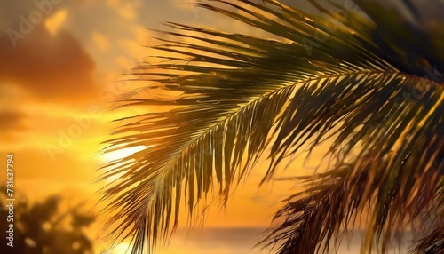 palm leaves against the yellow sunset sky natural background © Makayla