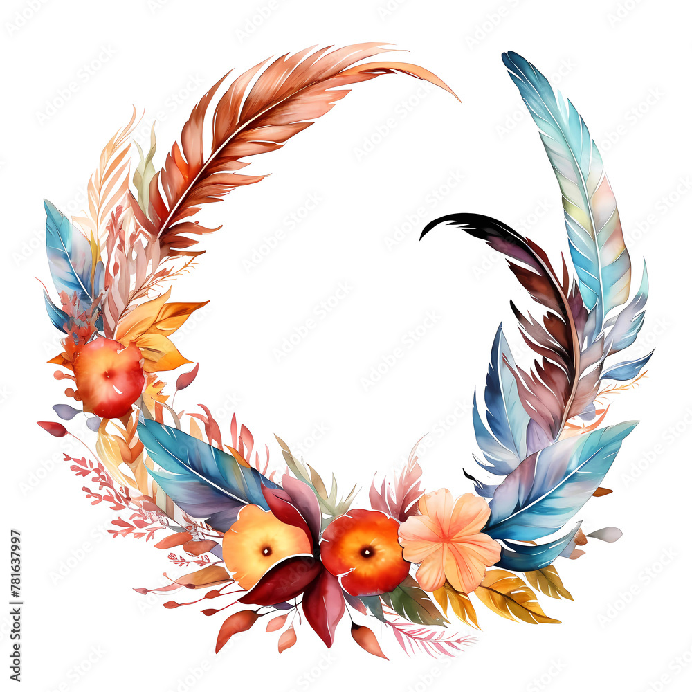Feather and flower wreath in a watercolor style Feather and flower wreath in a watercolor style