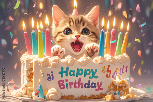 A cake celebrating a birthday with a kitten  many colorful candles  and the words  Happy Birthday.  Celebration or anniversary concept.