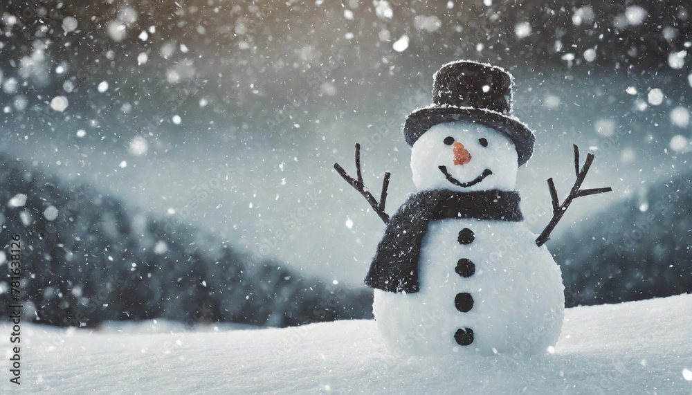merry christmas and happy new year greeting card with copy space happy snowman standing in winter landscape snow background