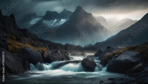 a view to mountains with flowing water in the foreground mysterious light and dark mood