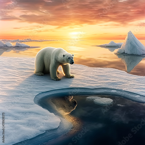 A polar bear stands on a rocky shoreline in front of a large body of water. The bear is surrounded by a painting of the ocean and the shoreline  creating a sense of depth and immersion