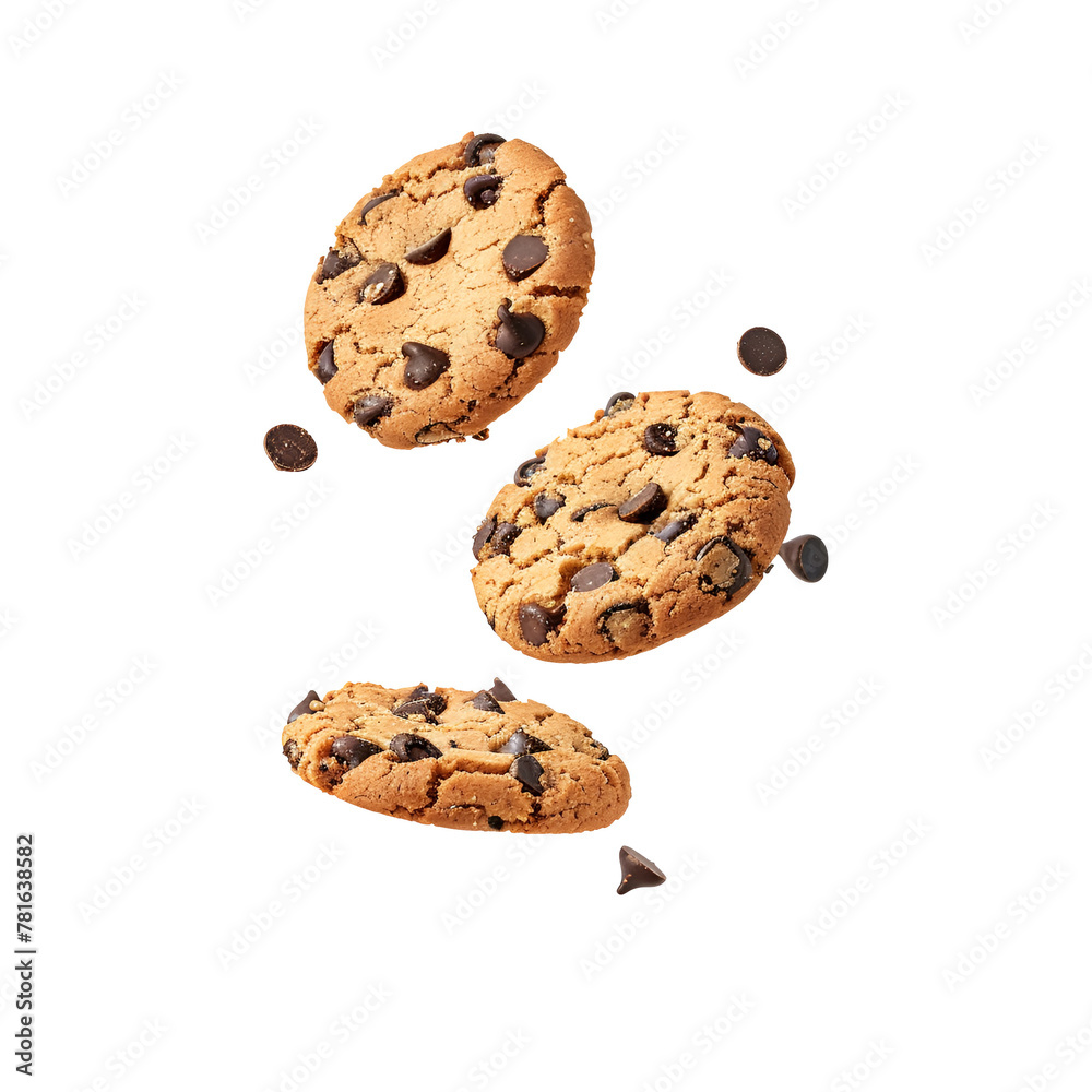 Falling chocolate chip cookie in close up, Isolated on Transparent Background, PNG Falling chocolate chip cookie in close up, Isolated on Transparent Background, PNG