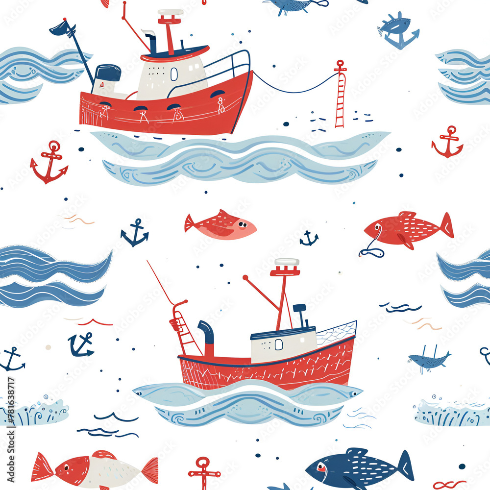 Cute Seamless Pattern with Fishing Boats and Anchors