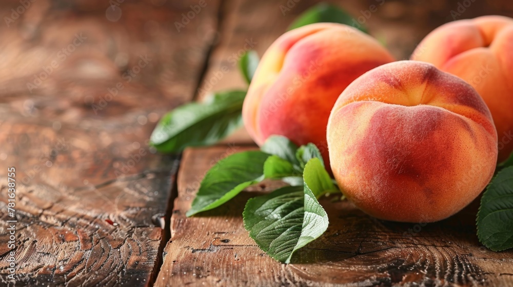 Three peaches are sitting on a wooden table with leaves, AI