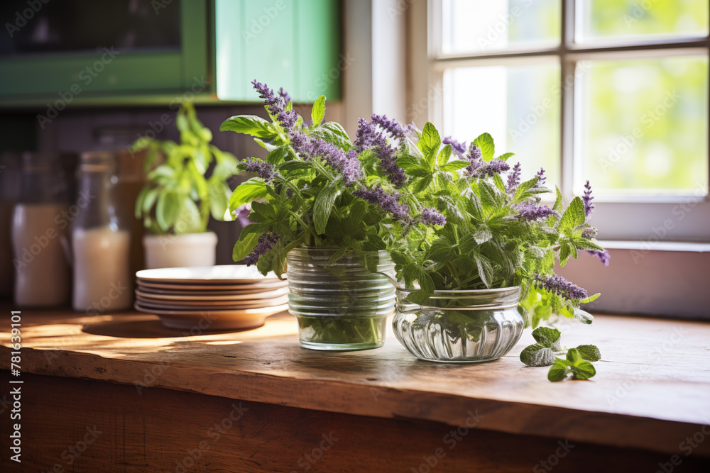 Healthy herb mint in a cozy country kitchen, close up. Generative AI tools Healthy herb mint in a cozy country kitchen, close up. Generative AI tools