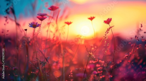 A field of flowers with the sun setting in the background  AI