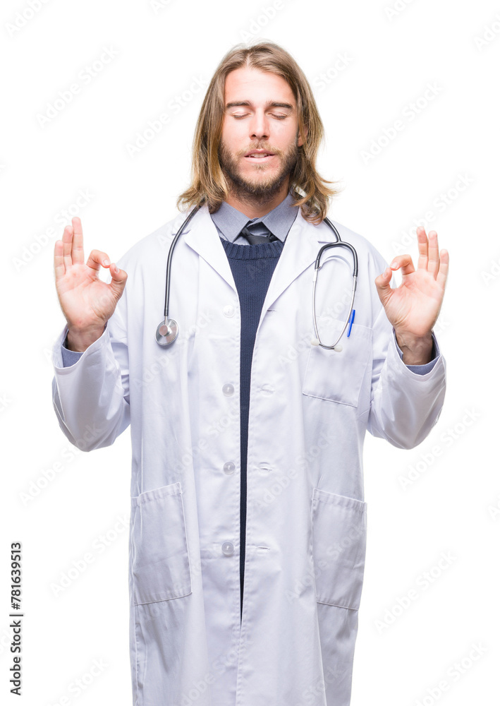 Young handsome doctor man with long hair over isolated background relax and smiling with eyes closed doing meditation gesture with fingers. Yoga concept. Young handsome doctor man with long hair over isolated background relax and smiling with eyes closed doing meditation gesture with fingers. Yoga concept.