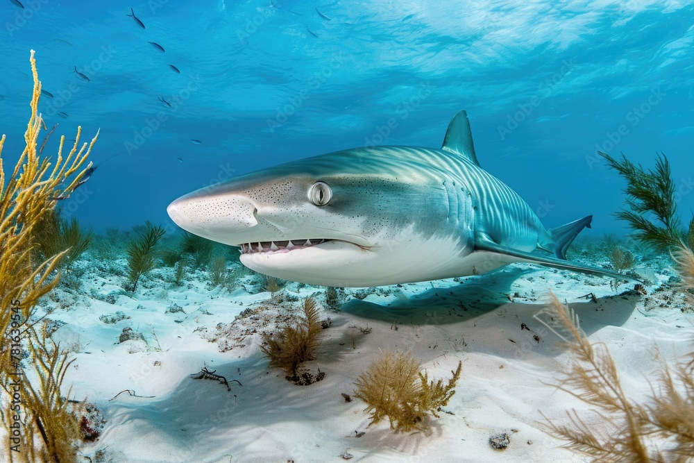 Menacing beauty: underwater world with the shark predator, a captivating glimpse into the fierce, powerful, and mysterious realm of marine life, where danger and elegance coexist