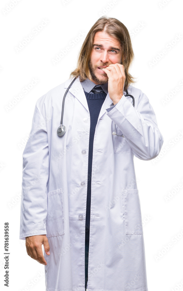 Young handsome doctor man with long hair over isolated background looking stressed and nervous with hands on mouth biting nails. Anxiety problem. Young handsome doctor man with long hair over isolated background looking stressed and nervous with hands on mouth biting nails. Anxiety problem.