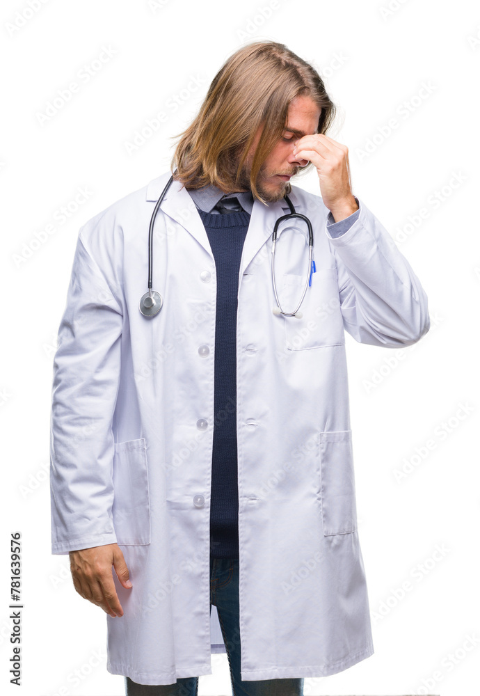 Young handsome doctor man with long hair over isolated background tired rubbing nose and eyes feeling fatigue and headache. Stress and frustration concept. Young handsome doctor man with long hair over isolated background tired rubbing nose and eyes feeling fatigue and headache. Stress and frustration concept.