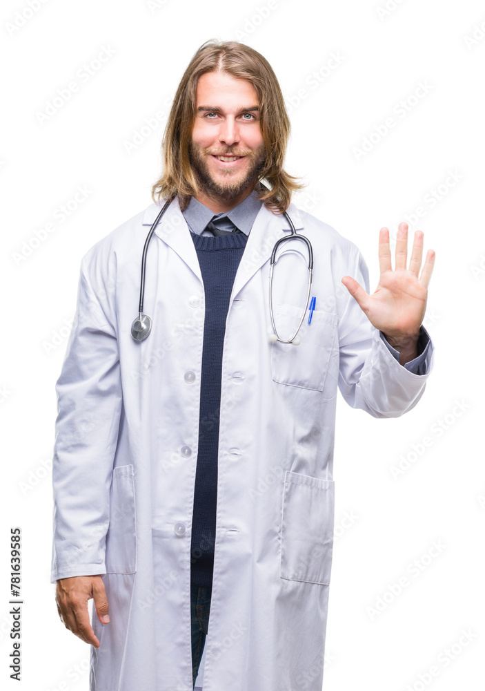 Young handsome doctor man with long hair over isolated background showing and pointing up with fingers number five while smiling confident and happy. Young handsome doctor man with long hair over isolated background showing and pointing up with fingers number five while smiling confident and happy.