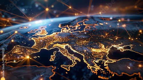 Detailed view of Europe on a digitally enhanced world map, highlighting regional connectivity and geopolitical dynamics; Concept of global networking, international relations, and digital global