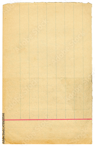 Alter Merkzettel mit Linierung unt roter Linie - Papierstück aus altem Schulheft photo
