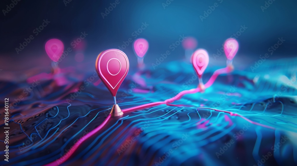 Vibrant digital map with glowing pink location pins on dark background, depicting modern GPS navigation technology in visually striking way Vibrant digital map with glowing pink location pins on dark background, depicting modern GPS navigation technology in visually striking way