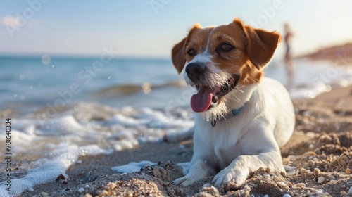 A dog laying on the beach with its tongue hanging out, AI photo