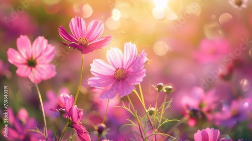 A close up of a field full of pink flowers with sunlight shining through  AI