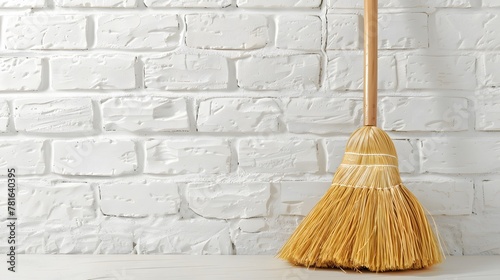 Plastic whisk broom with dustpan near white brick wall indoors. Space for text