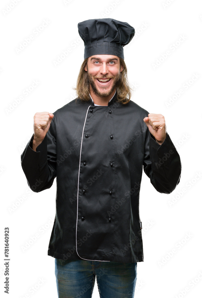 Young handsome cook man with long hair over isolated background celebrating surprised and amazed for success with arms raised and open eyes. Winner concept. Young handsome cook man with long hair over isolated background celebrating surprised and amazed for success with arms raised and open eyes. Winner concept.