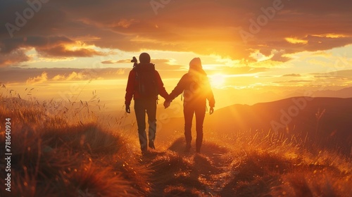 Two people holding hands walking on a hillside at sunset, AI