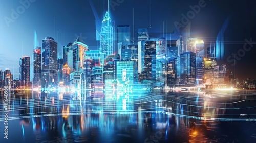 Futuristic cityscape with space and vibrant neon light effects, showcasing a modern hi-tech and science-themed digital design - Concept of future technology and urban innovation 