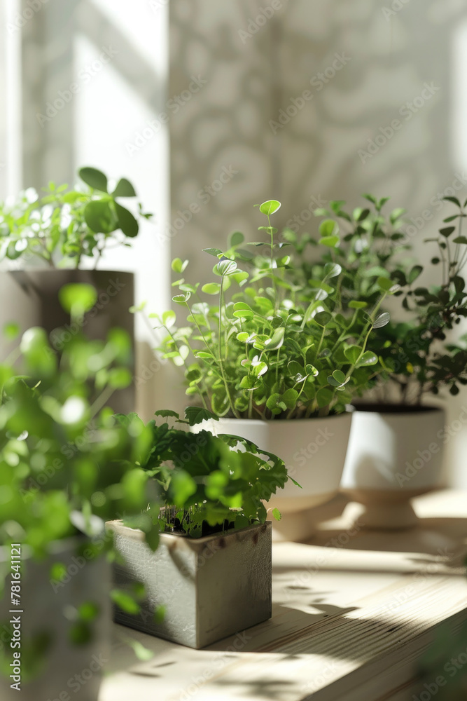 Vibrant microgreens in eclectic pots on a wooden windowsill with patterned light. Home horticulture and serene living concept.
