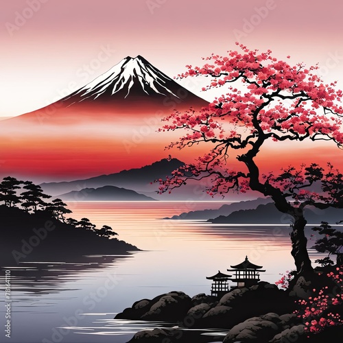 Cherry tree in full bloom with majestic Mount Fuji in background  capturing essence of traditional Japanese beauty  tranquility. For interior  commercial spaces to create stylish atmosphere  print.