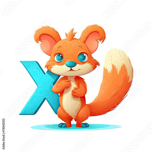 Cute orange cartoon animal xerus standing on white background near big blue letter X. Creative kids alphabet
