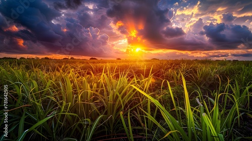 Sugarcane field and cloudy sky at sunset 