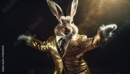 illustration of a whimsical rabbit dressed in a golden suit dancing with joy