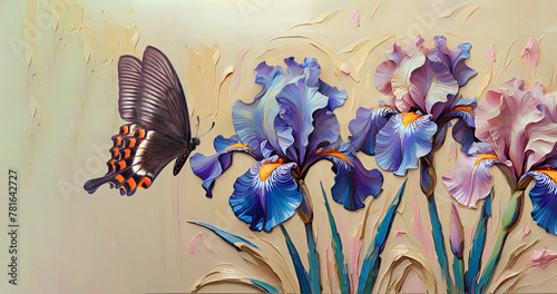 iris flowers and swallowtail butterfly painted with oil paints on a beige bac...