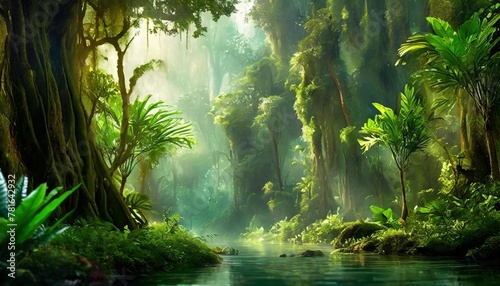 landscape illustration fantasy tropical nature forest environment with scenic green foliage digital art 3d environment © Raegan