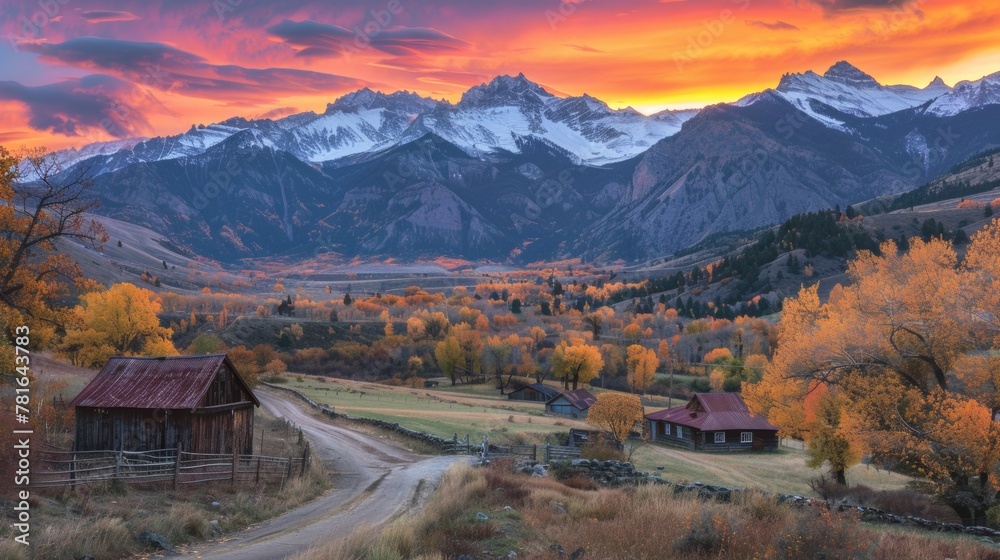 A beautiful sunset over a rural road with mountains in the background, AI A beautiful sunset over a rural road with mountains in the background, AI