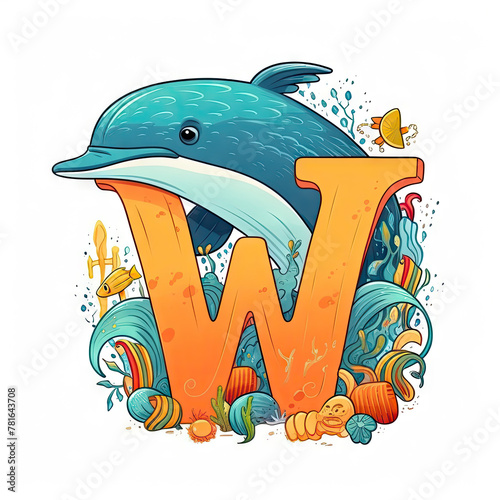 Blue cartoon whale near big yellow letter W, swashells, waves, fish on white background. Creative kids alphabet