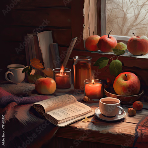 Warm cup of tea, apples, opened book, candles on rustic wooden table near window. Autumn still life. Happy Thanksgiving. Hygge home. Fall rural concept