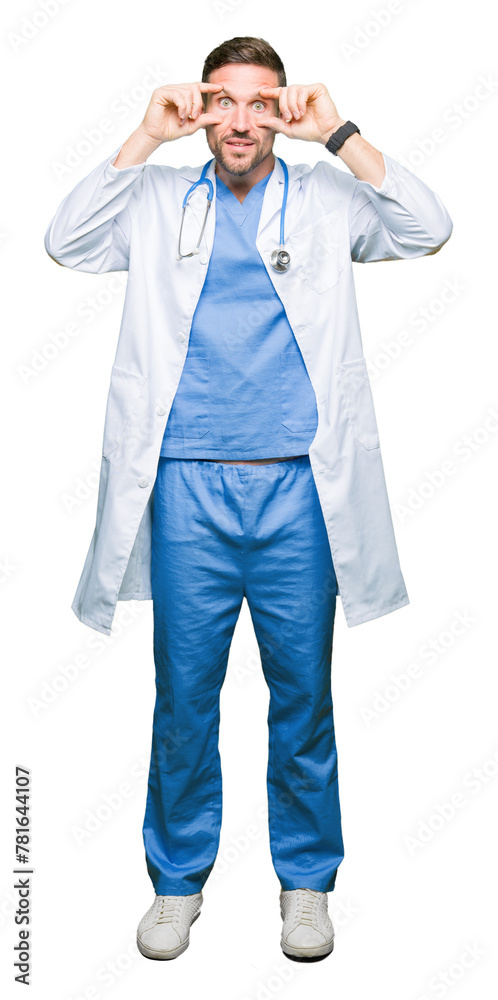 Handsome doctor man wearing medical uniform over isolated background Trying to open eyes with fingers, sleepy and tired for morning fatigue Handsome doctor man wearing medical uniform over isolated background Trying to open eyes with fingers, sleepy and tired for morning fatigue